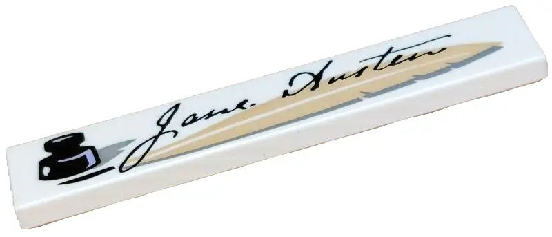 White Tile 1 x 6 with Black 'Jane Austen' Signature and Inkwell with Tan Feather Quill Pen Pattern