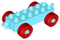 Medium Azure Duplo Car Base 2 x 6 with Open Hitch End and Red Wheels with Fake Bolts
