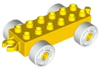 Yellow Duplo Car Base 2 x 6 with Open Hitch End and White Wheels with Fake Bolts