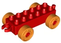 Red Duplo Car Base 2 x 6 with Open Hitch End and Orange Wheels with Fake Bolts