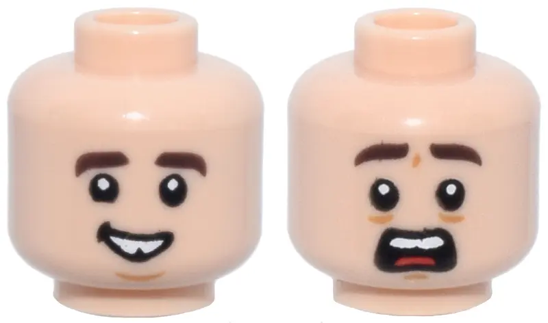 Nougat Minifigure, Head Dual Sided Dark Brown Eyebrows, Smile with Tooth Gap / Open Mouth Scared wit