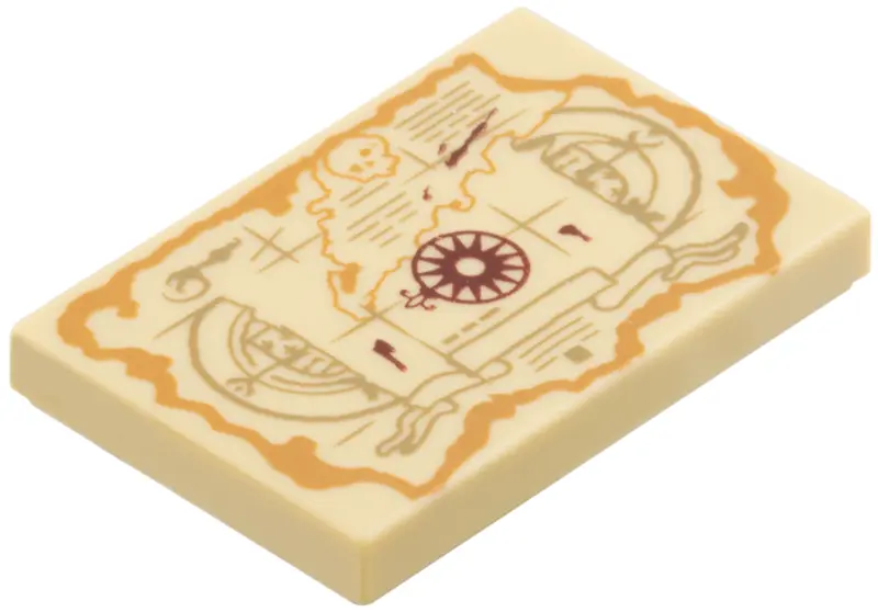 Tile 2 x 3 with Treasure Map, Dark Tan Writing Lines, Dark Red Compass Rose, Medium Nougat Skull, La