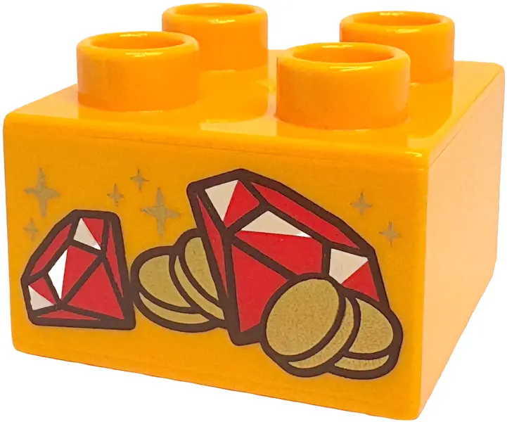 Light Orange Duplo, Brick 2 x 2 with Red Gems and Gold Coins and Sparkles Pattern