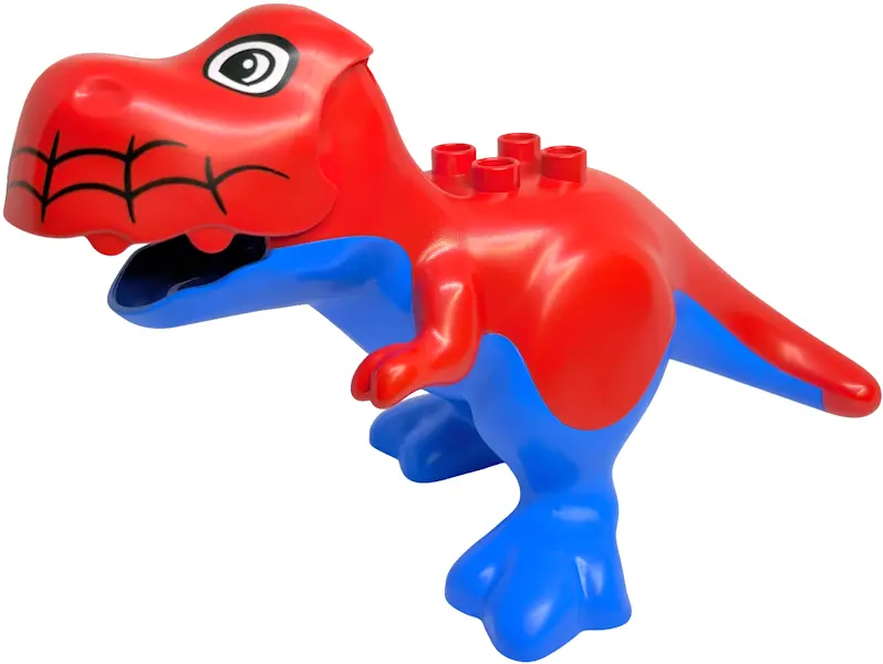 Red Duplo Dinosaur Tyrannosaurus rex with Fixed Blue Stomach and Legs and Printed Black and White Ey