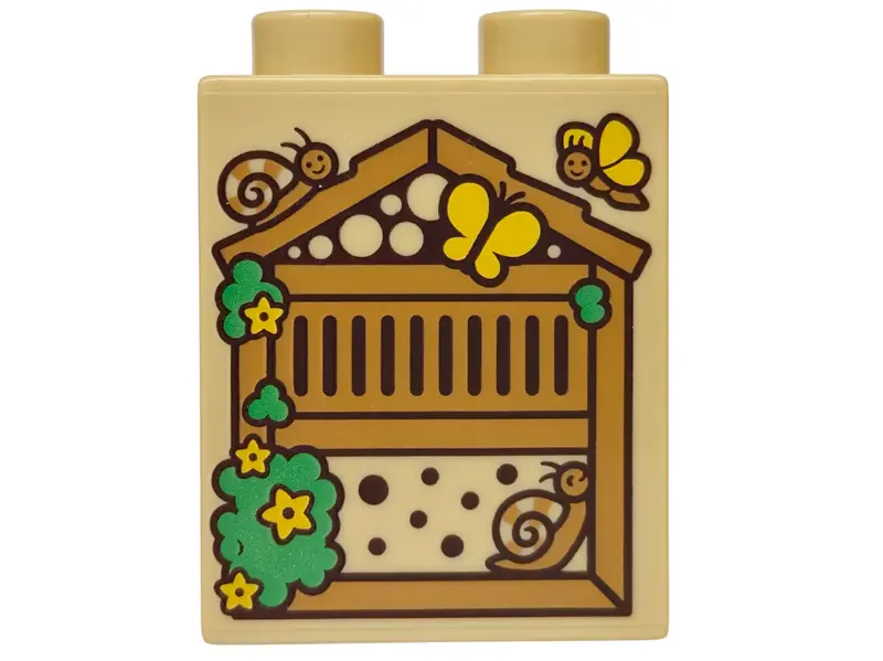 Duplo, Brick 1 x 2 x 2 with Medium Nougat Insect House with Snails, Yellow Butterflies and Flowers P