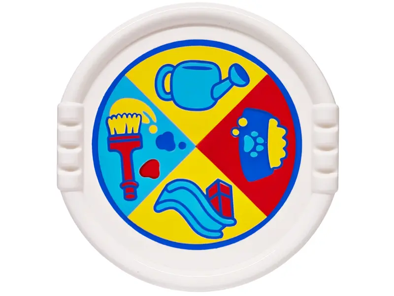 Duplo Utensil Disk with Blue Circle, Red Paint Brush, Yellow Pet Food in Bowl with Paw Print, Medium