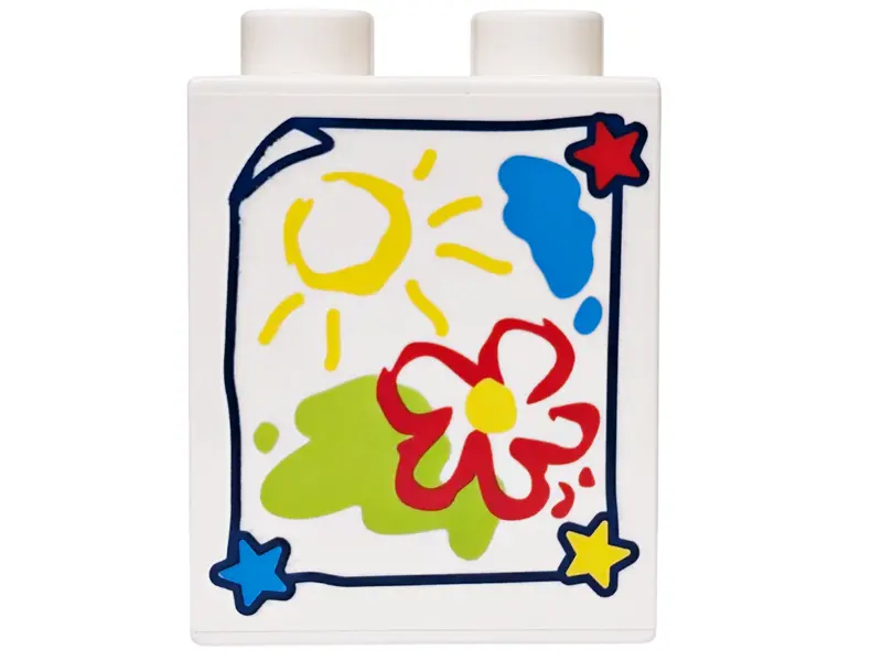 Duplo, Brick 1 x 2 x 2 with Painting of Yellow Sun and Red Flower, Lime and Dark Azure Splotches and