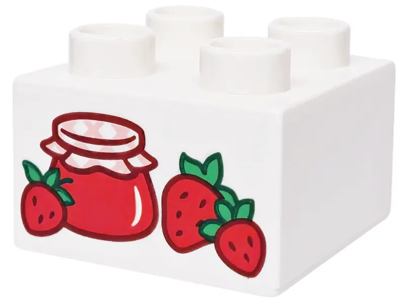 Duplo, Brick 2 x 2 with Red and Bright Green Strawberries and Jam Jar Pattern