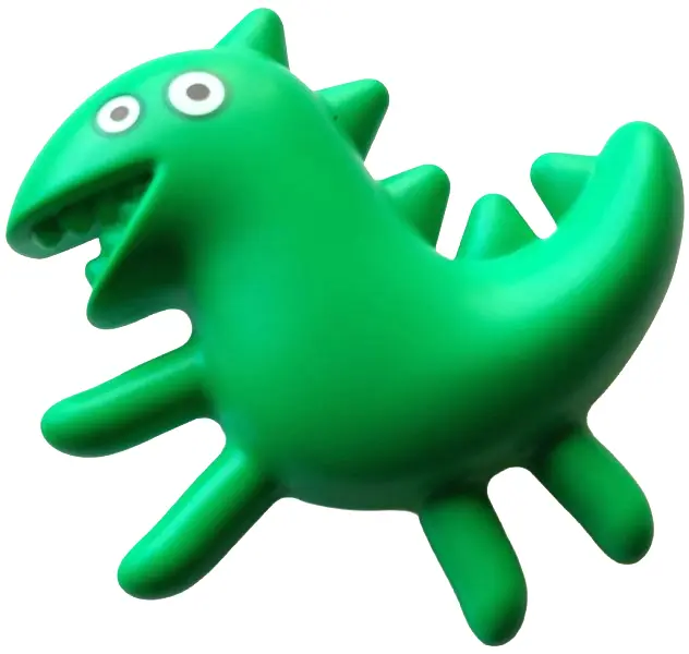 Green Duplo Cuddly Toy Dinosaur with Tube on Back with Black and White Eyes with Green Outlines Patt