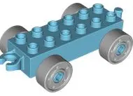 Medium Azure Duplo Car Base 2 x 6 with Open Hitch End and Light Bluish Gray Wheels with Fake Bolts