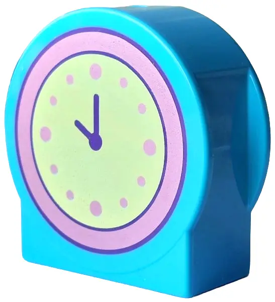 Azure Duplo, Brick 1 x 2 x 2 Round Top, Cut Away Sides with Yellowish Green Clock Face with Dark Pur