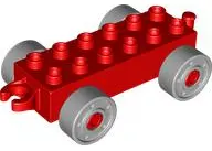 Red Duplo Car Base 2 x 6 with Open Hitch End and Light Bluish Gray Wheels with Fake Bolts