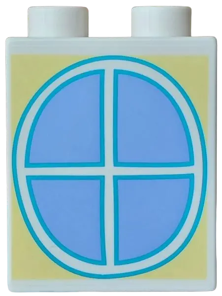 Duplo, Brick 1 x 2 x 2 with Dark Azure Oval Window Frame Outline with Medium Blue Sky on Bright Ligh