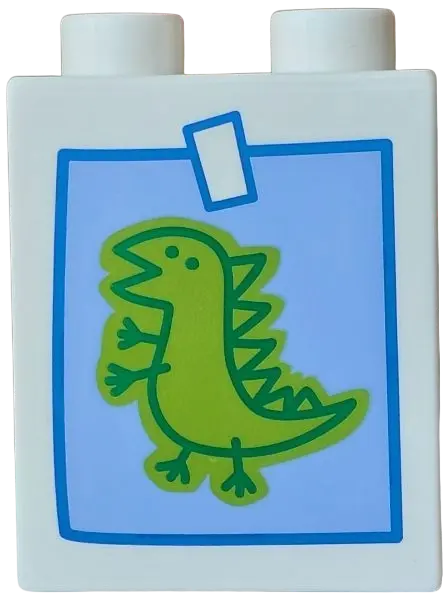 Duplo, Brick 1 x 2 x 2 with Painting of Green and Lime Dinosaur on Medium Blue Background with Blue 