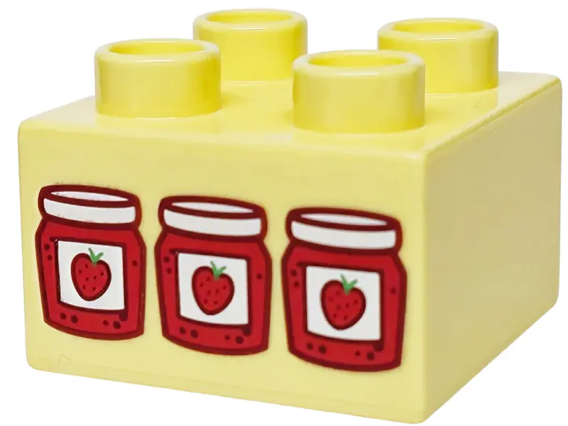Light Yellow Duplo, Brick 2 x 2 with Red and White Strawberry Jam Jars Pattern