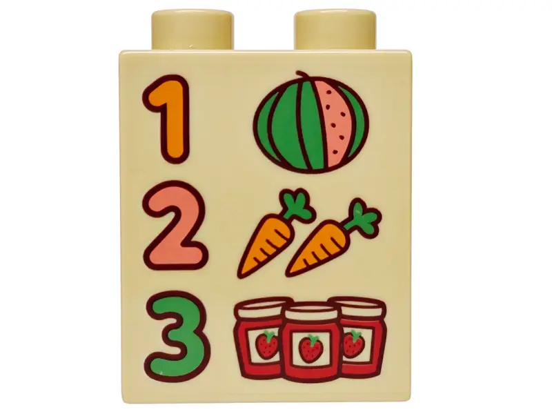 Duplo, Brick 1 x 2 x 2 with Coral and Bright Green Watermelon, Orange Carrots, Red Strawberry Jam Ja