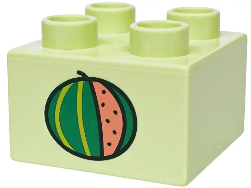 Green Duplo, Brick 2 x 2 with Coral, Lime and Bright Green Watermelon Pattern