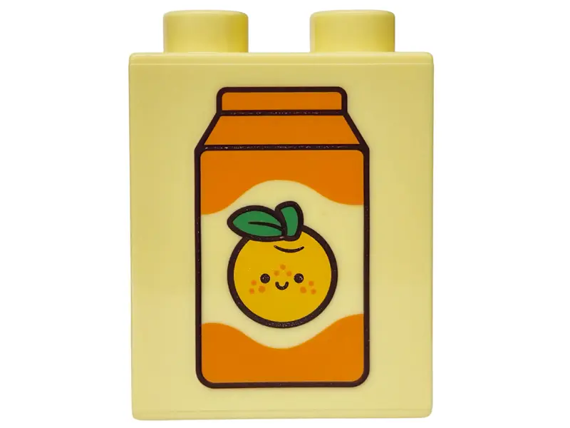 Light Yellow Duplo, Brick 1 x 2 x 2 with Orange and White Juice Carton Pattern