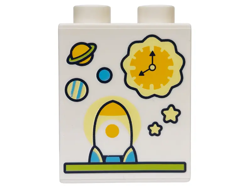 Duplo, Brick 1 x 2 x 2 with Bright Light Yellow Stars, Planets, Clock, Bright Light Orange and Mediu