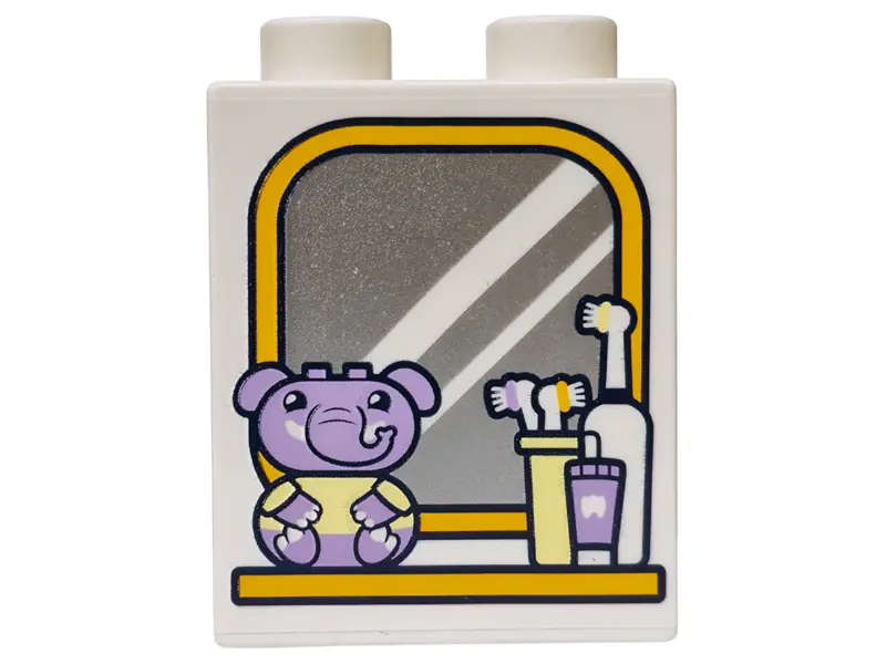 Duplo, Brick 1 x 2 x 2 with Lavender Elephant, Toothbrushes, Silver Mirror with Bright Light Orange 