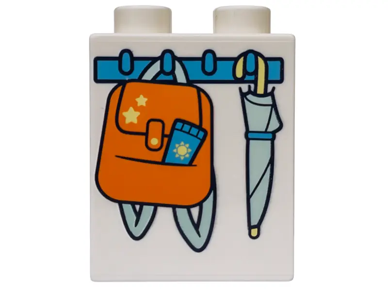 Duplo, Brick 1 x 2 x 2 with Light Aqua Hanging Umbrella, Orange School Bag with Stars and Sunscreen 