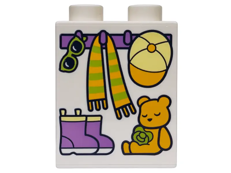 Duplo, Brick 1 x 2 x 2 with Medium Lavender Boots, Bright Light Orange Teddy Bear, Hanging Lime Sung