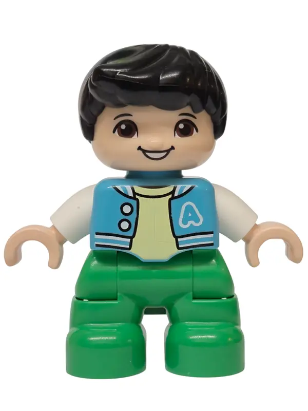 Figure Lego Ville, Child Boy, Bright Green Legs, Medium Azure Jacket with Capital Letter A and Butto