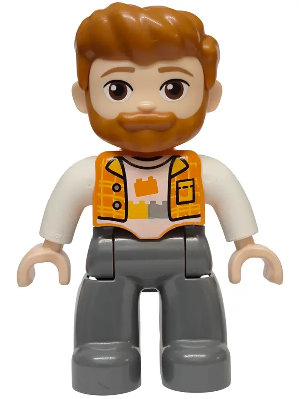 Figure Lego Ville, Male, Dark Bluish Gray Legs, Orange Vest over White Shirt with Bricks Pattern, Da