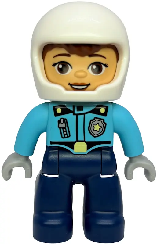 Figure Lego Ville, Female Police, Dark Blue Legs, Medium Azure Top with Badge and Zipper, White Helm