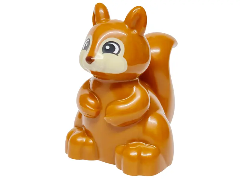 Orange Duplo Squirrel with Tan Face, Black and White Eyes with Curved Lower Eyelids, and Reddish Bro