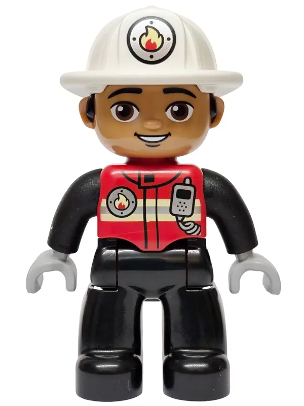 Figure Lego Ville, Male Firefighter, Black Legs, Red Vest with Silver Fire Badge and Radio, Medium N