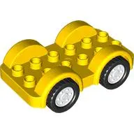 Yellow Duplo Car Base 2 x 6 with Black Tires and White Wheels on Fixed Axles