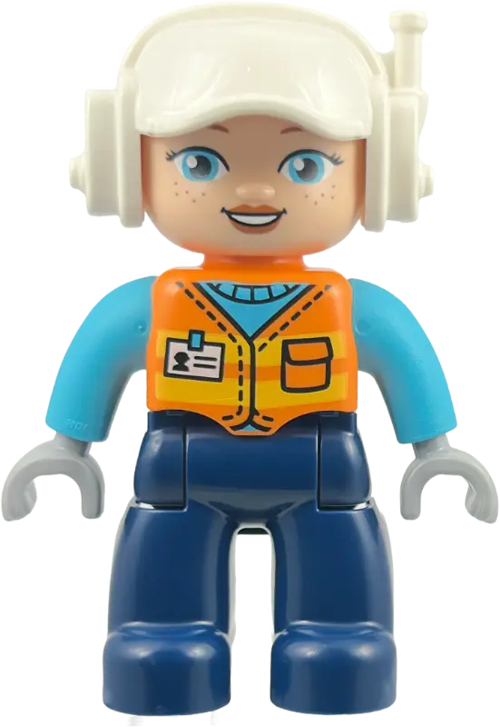Figure Lego Ville, Female, Construction Worker, Dark Blue Legs, Orange Vest with Name Tag, Medium Az