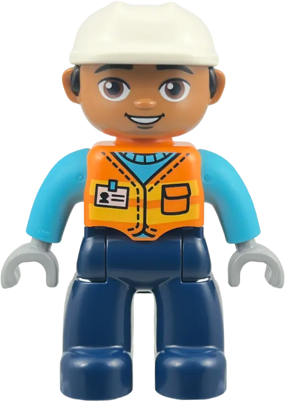 Figure Lego Ville, Male, Construction Worker, Dark Blue Legs, Orange Vest with Name Tag, Medium Azur