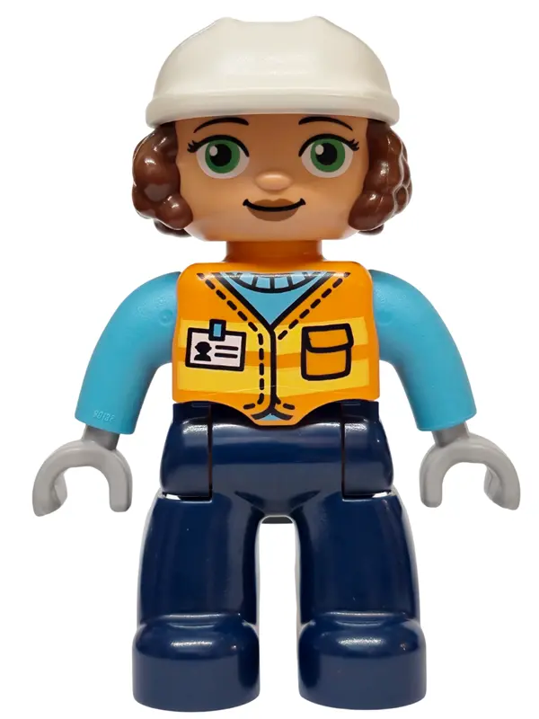 Figure Lego Ville, Female, Dark Blue Legs, Orange Vest with Name Tag Pattern, Medium Azure Shirt, Li
