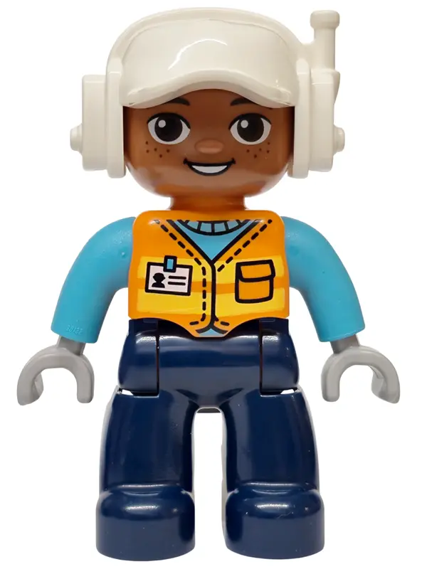 Figure Lego Ville, Male, Dark Blue Legs, Orange Vest with Name Tag Pattern, Medium Azure Arms, White