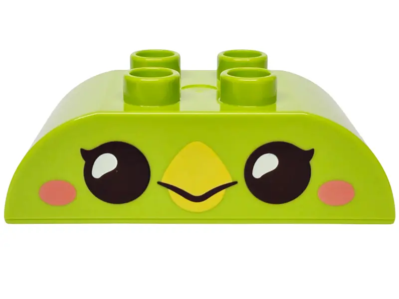 Duplo, Brick 2 x 4 Slope Curved Double with Dark Brown Eyes, Yellow Beak and Coral Cheeks Pattern