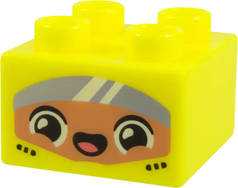 Yellow Duplo, Brick 2 x 2 with Medium Nougat Face, White Eyes and Highlights, Coral Tongue, Silver V