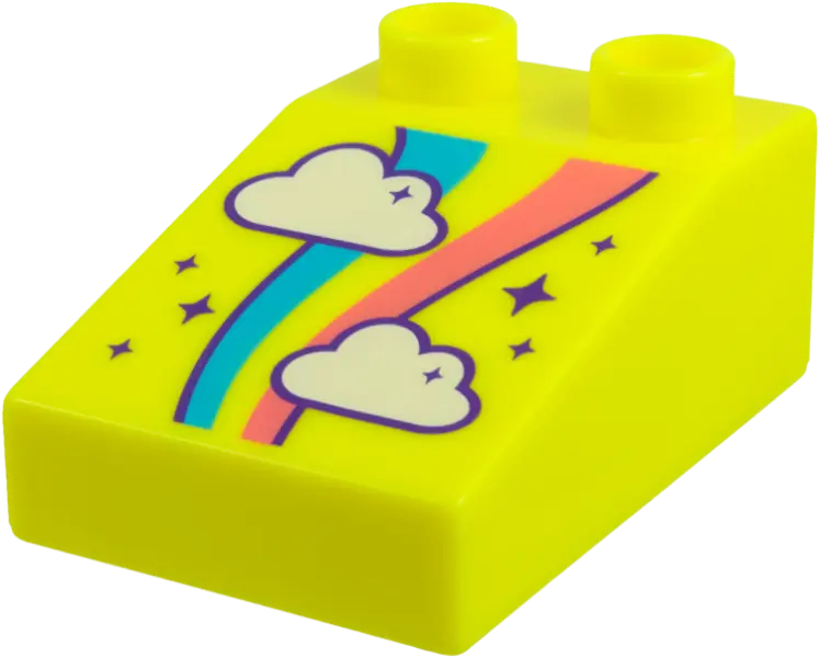 Yellow Duplo, Brick 3 x 2 Slope 33 with White Clouds, Dark Azure and Coral Stripes, Dark Purple Spar