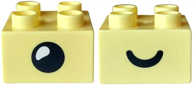 Bright Light Yellow Duplo, Brick 2 x 2 with Black Eye Open / Closed Pattern on Opposite Sides