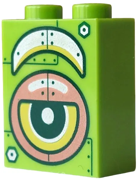 Brick 1 x 2 x 2 with Inside Stud Holder with Yellow Robot Eye and Eyebrow with Copper and Silver Arm