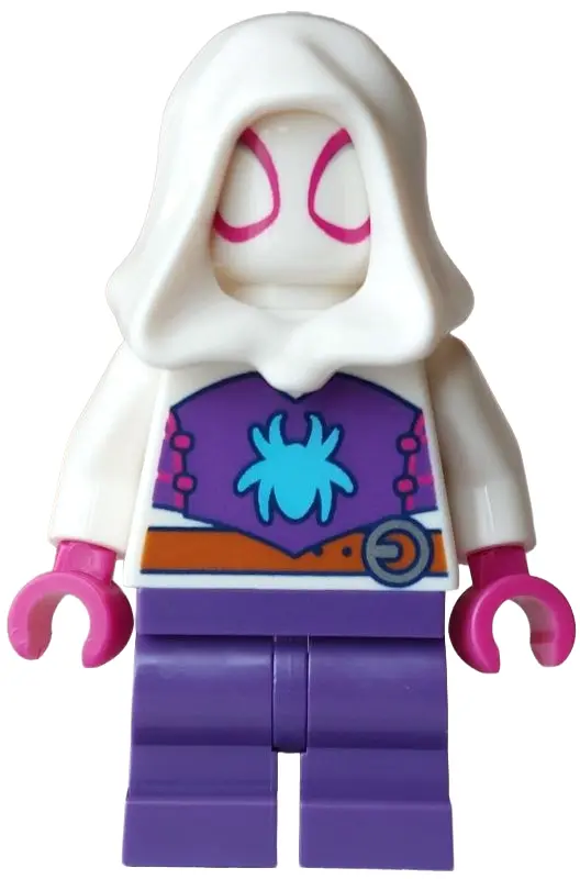 (Gwen Stacy) - Dark Purple Medium Legs, White Hood, Medium Azure Spider Logo, Dark Orange Belt