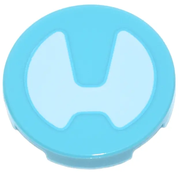 Medium Azure Tile, Round 2 x 2 with Bottom Stud Holder with White Stylized Letter H in Circle Arc Re