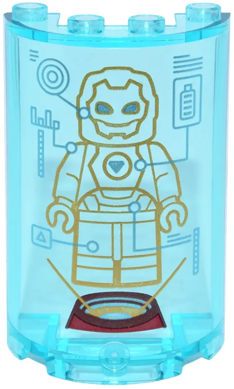 Trans-Light Blue Cylinder Half 2 x 4 x 5 with 1 x 2 Cutout with Gold Iron Man Armor Projection and S
