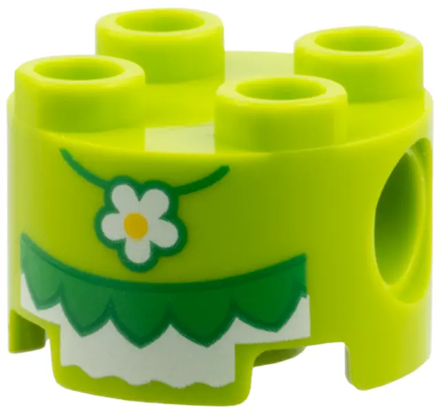 Brick, Round 2 x 2 with Pin Holes with Bright Green and White Flower Necklace and Skirt Pattern