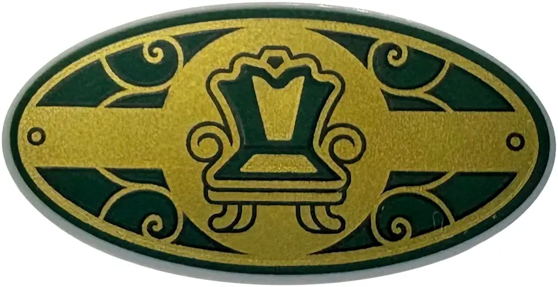 Bluish Gray Minifigure, Shield Elliptical with Gold and Dark Green Ornate Chair and Scrollwork Patte