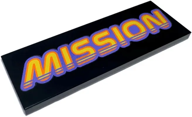 Tile 2 x 6 with Yellow and Orange 'MISSION' and Blue Violet Outline Pattern