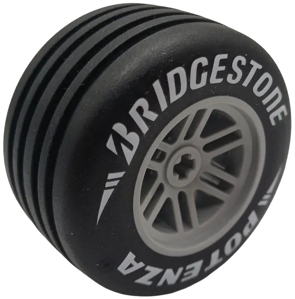 Bluish Gray Wheel 48 x 26 with Axle Hole with Molded Black Hard Rubber Grooved Tire and Printed Whit