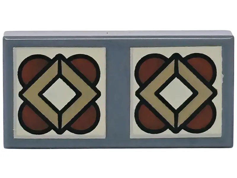 Bluish Gray Tile 1 x 2 with 2 Tan Squares with Dark Tan Diamonds and Reddish Brown Semicircles Patte