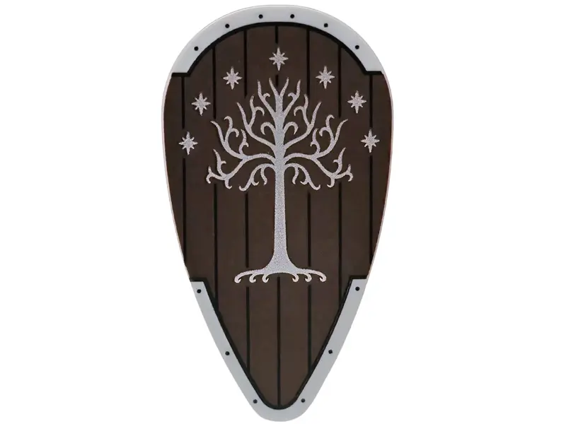 Bluish Gray Minifigure, Shield Oval with Silver Stars and Tree (White Tree of Gondor) on Dark Brown 